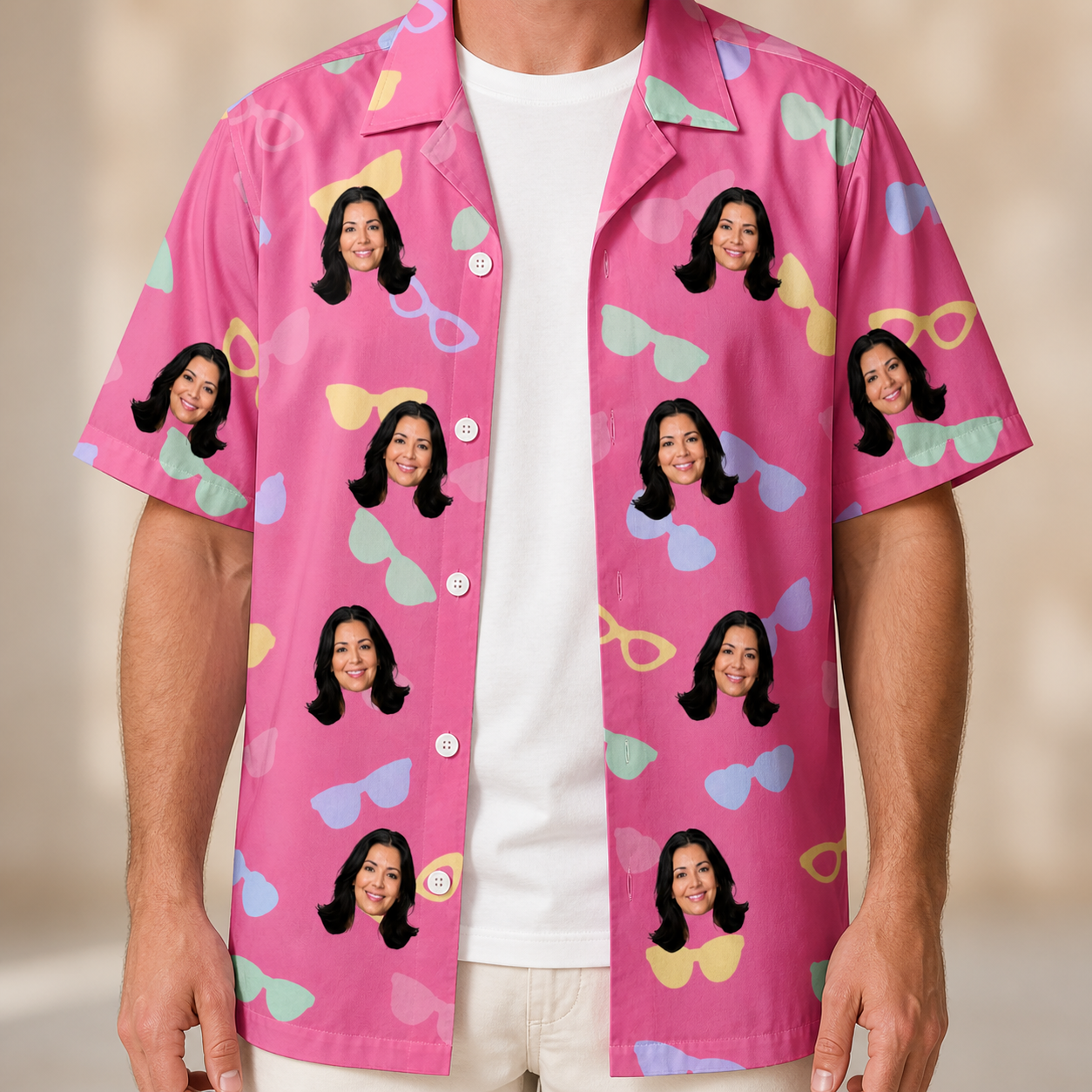 Man wearing Men's Sunbound Siblings Custom Face Hawaiian Shirt open over a white tee