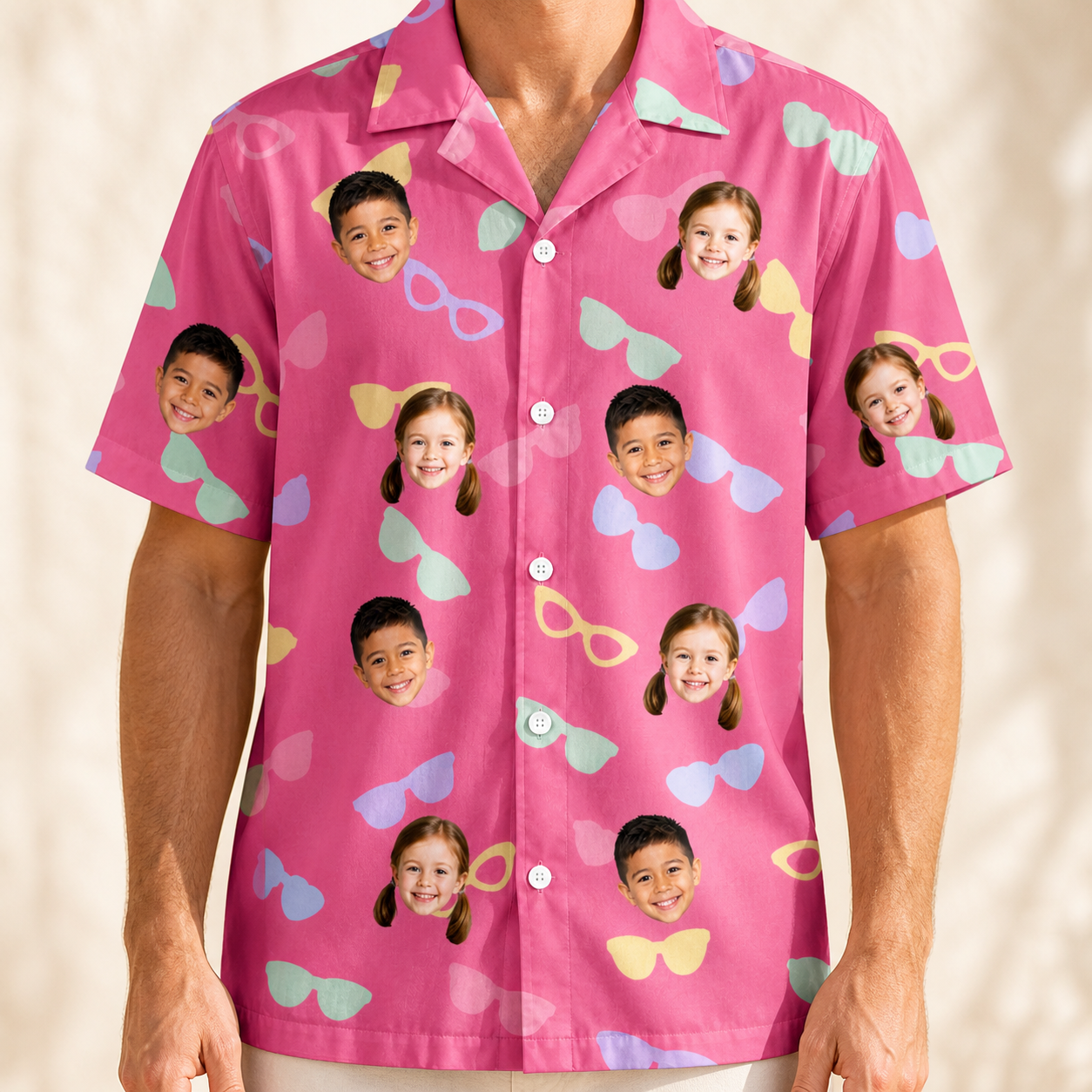 Model wearing Men's Sunbound Siblings Custom Face Hawaiian Shirt printed with kids' faces