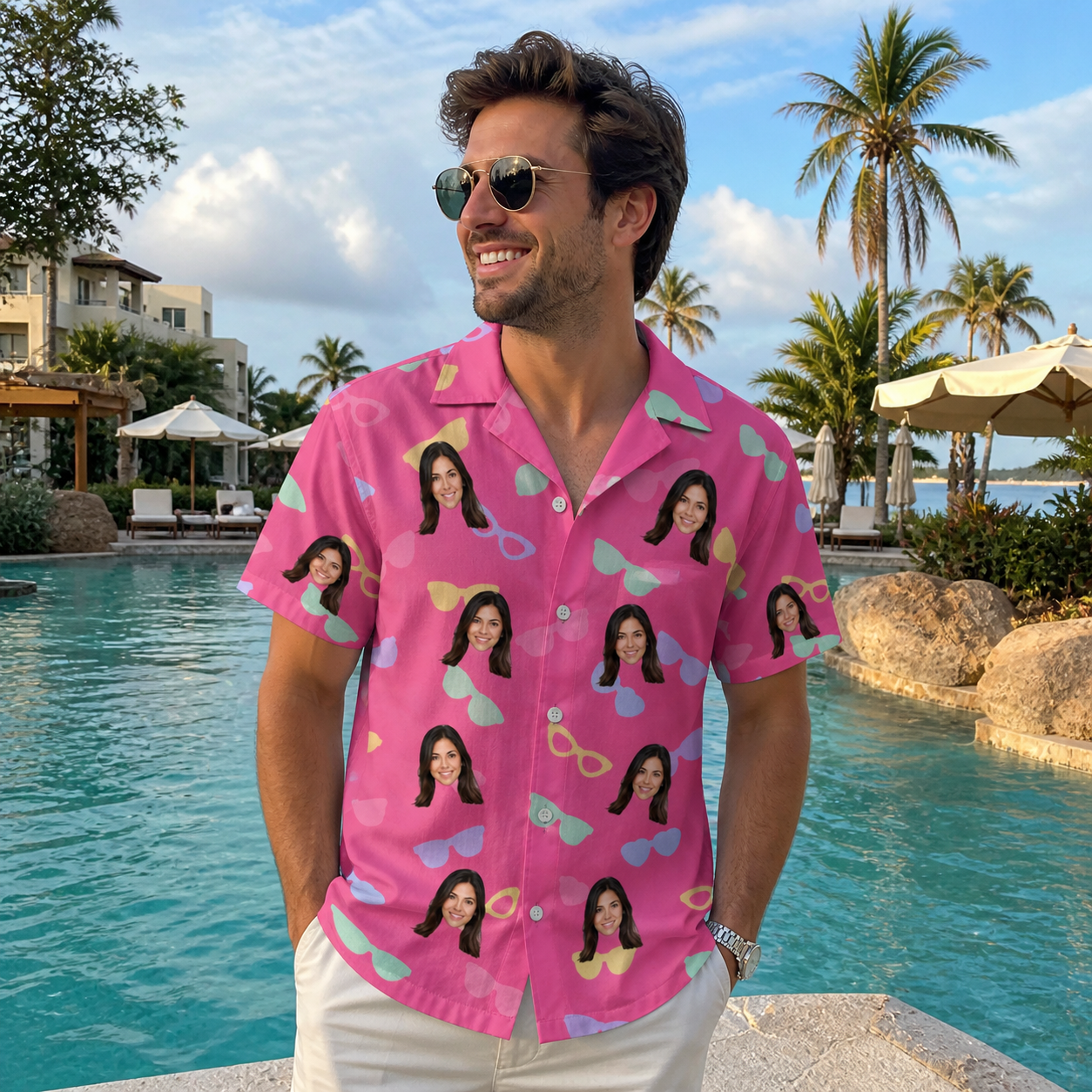 Real-life photo of someone wearing Men's Sunbound Siblings Custom Face Hawaiian Shirt — custom faces printed all-over