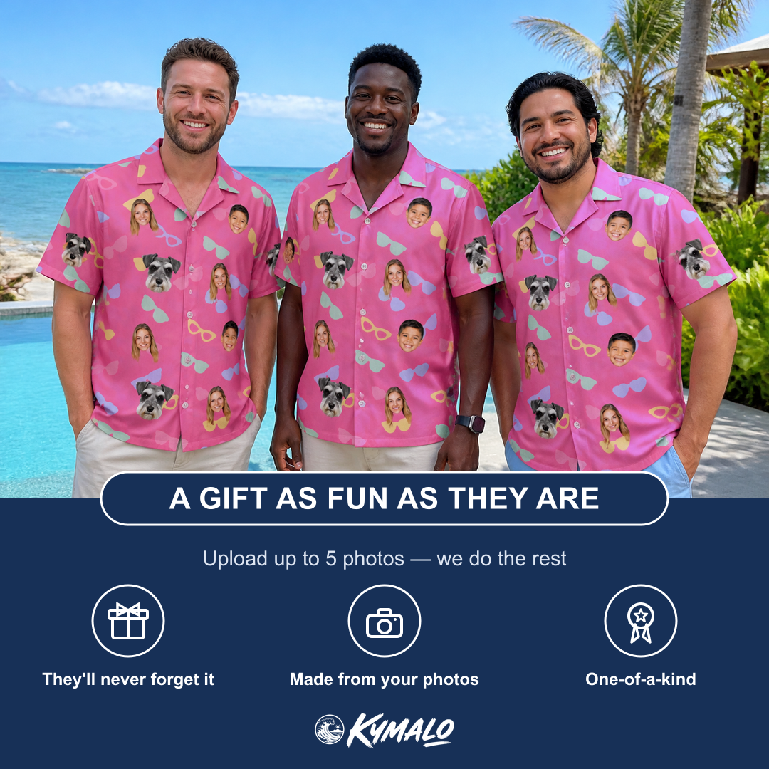 Friends in matching Men's Sunbound Siblings Custom Face Hawaiian Shirt — a group gift photo