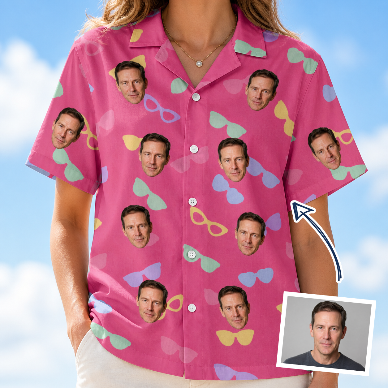 Woman wearing Women's Sunbound Siblings Custom Face Hawaiian Shirt — custom faces printed all-over