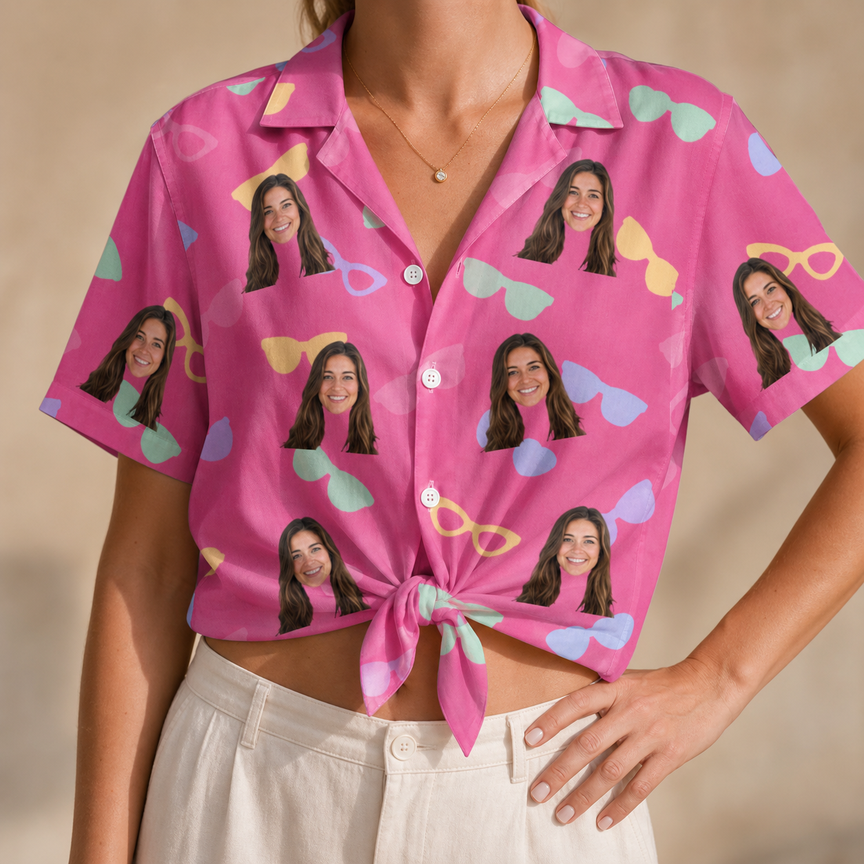 Woman wearing Women's Sunbound Siblings Custom Face Hawaiian Shirt tied at the waist