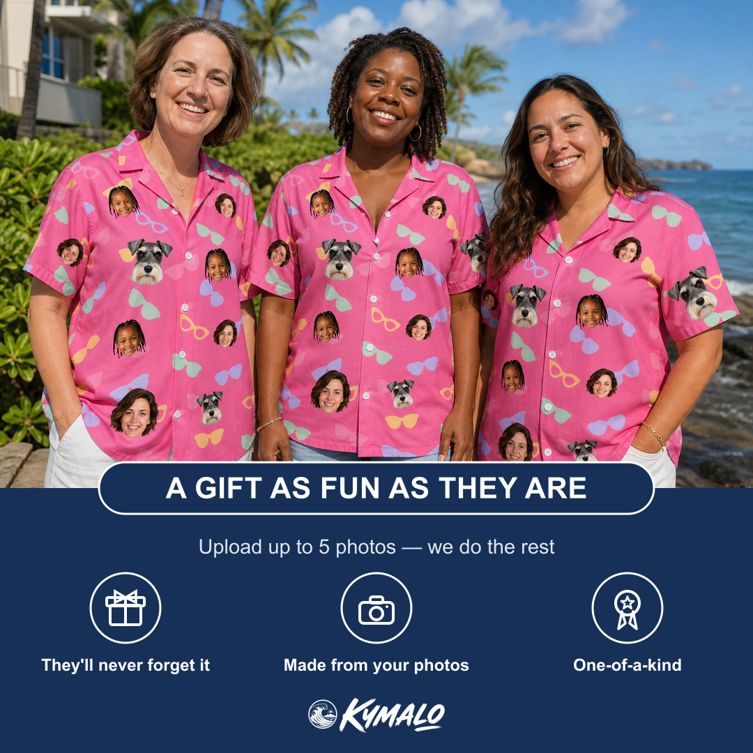 Friends in matching Women's Sunbound Siblings Custom Face Hawaiian Shirt — a group gift photo