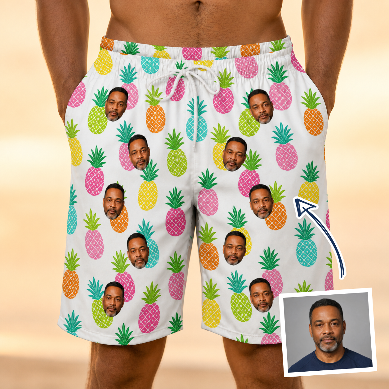 Man wearing Men's Poolside Pips Custom Face Beach Shorts — custom faces printed all-over