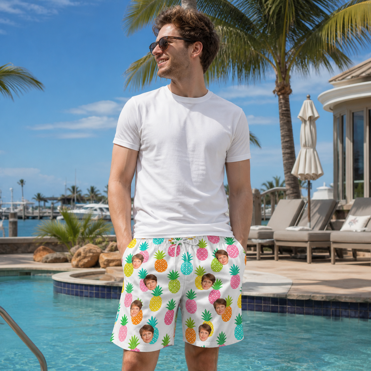 Real-life photo of someone wearing Men's Poolside Pips Custom Face Beach Shorts — custom faces printed all-over