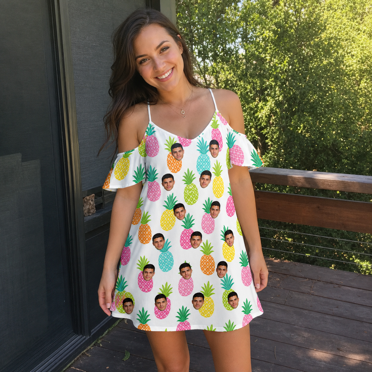 Real-life photo of someone wearing Women's Poolside Pips Custom Face Off-Shoulder Dress — custom faces printed all-over