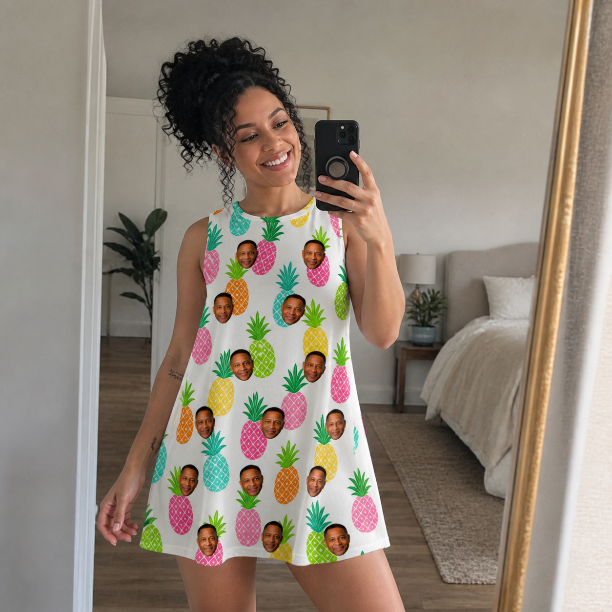 Real-life photo of someone wearing Women's Poolside Pips Custom Face Tank Dress — custom faces printed all-over