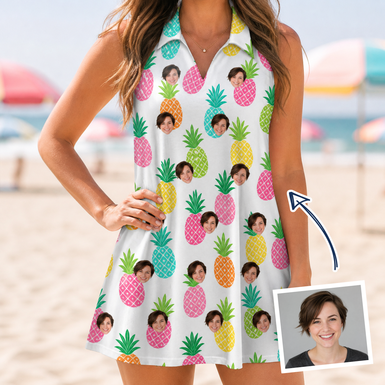 Woman wearing Women's Poolside Pips Custom Face V-Neck Dress — custom faces printed all-over