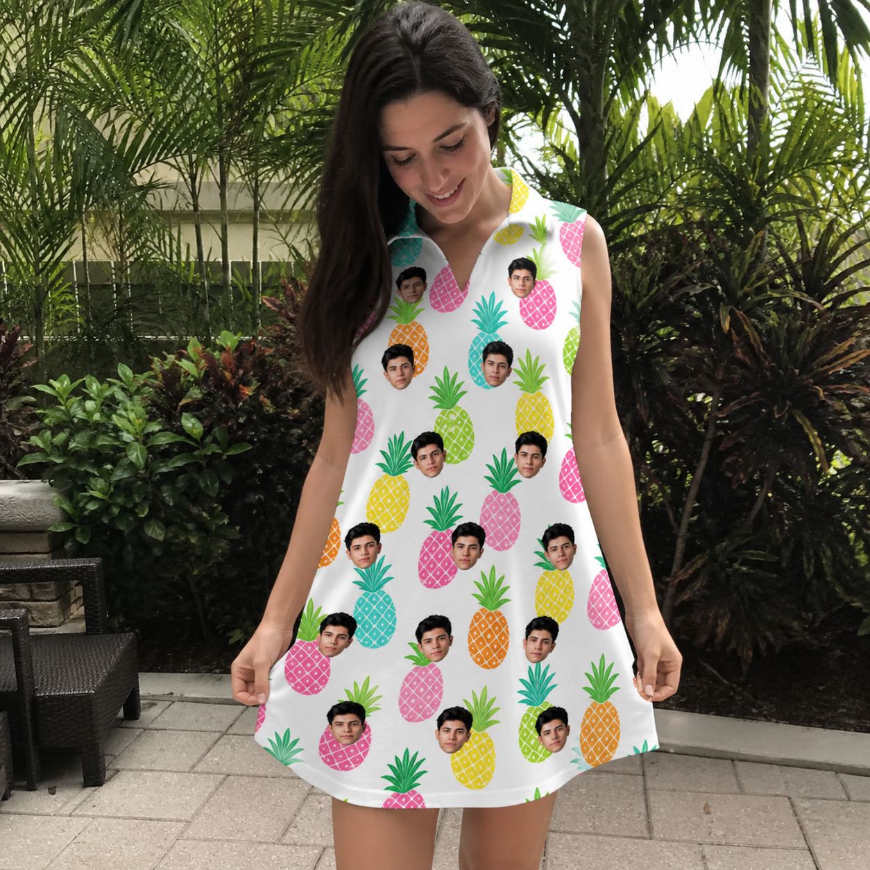 Real-life photo of someone wearing Women's Poolside Pips Custom Face V-Neck Dress — custom faces printed all-over