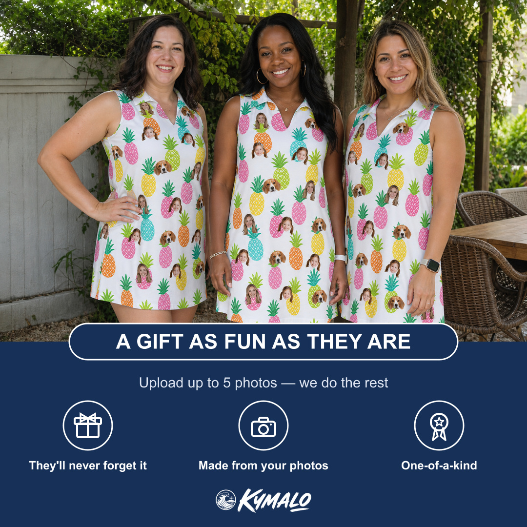 Friends in matching Women's Poolside Pips Custom Face V-Neck Dress — a group gift photo