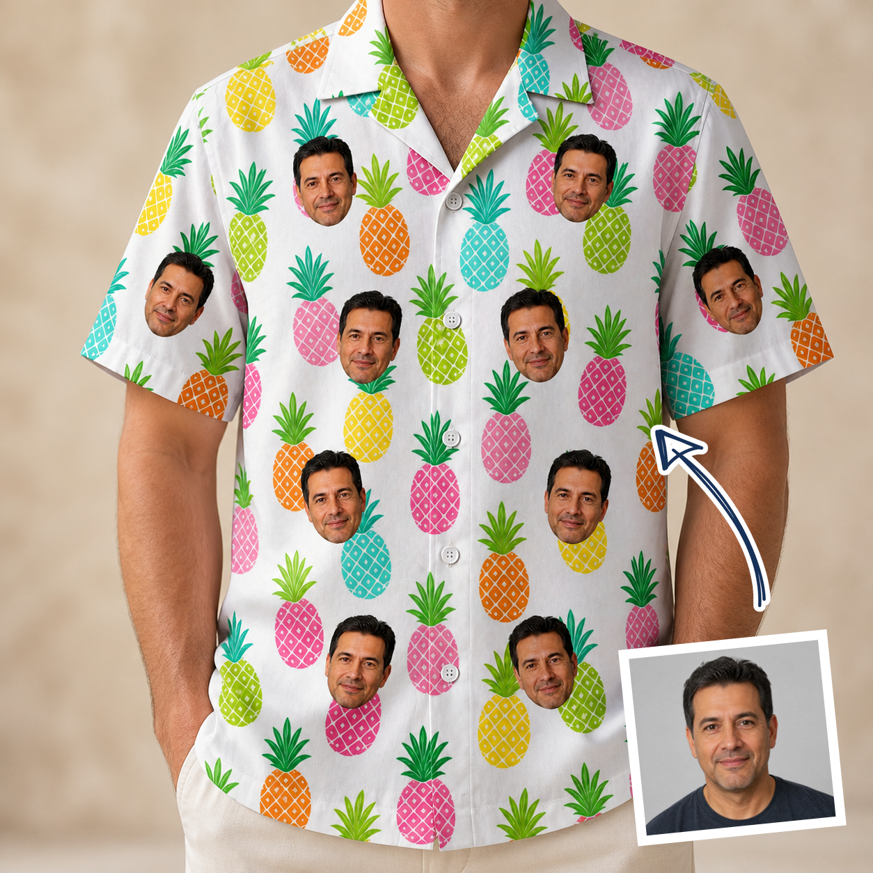 Man wearing Men's Poolside Pips Custom Face Hawaiian Shirt — custom faces printed all-over