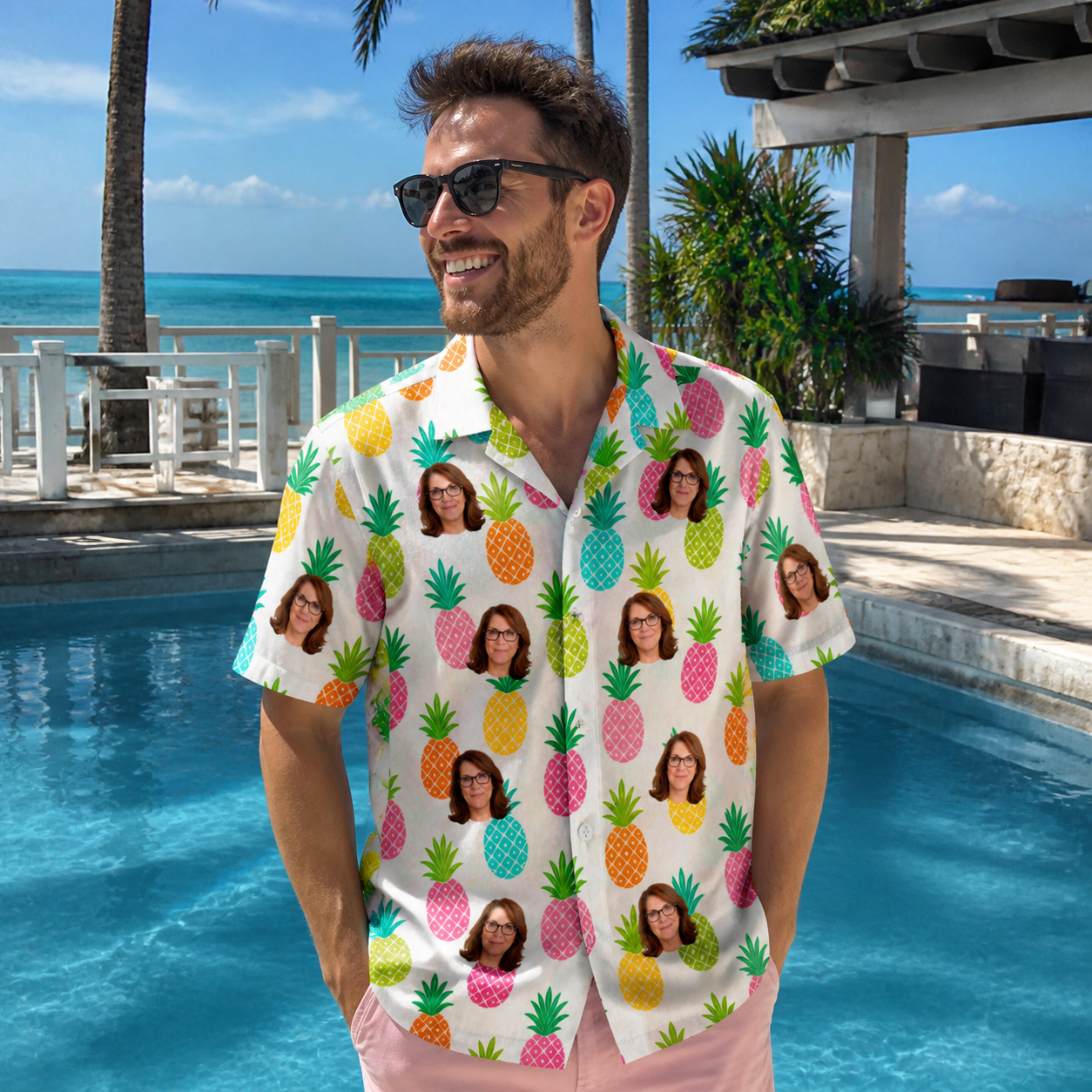 Real-life photo of someone wearing Men's Poolside Pips Custom Face Hawaiian Shirt — custom faces printed all-over