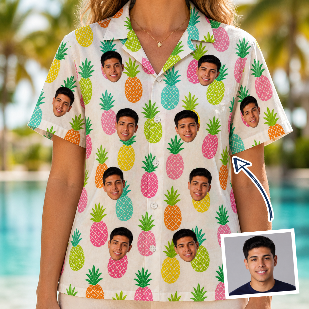 Woman wearing Women's Poolside Pips Custom Face Hawaiian Shirt — custom faces printed all-over