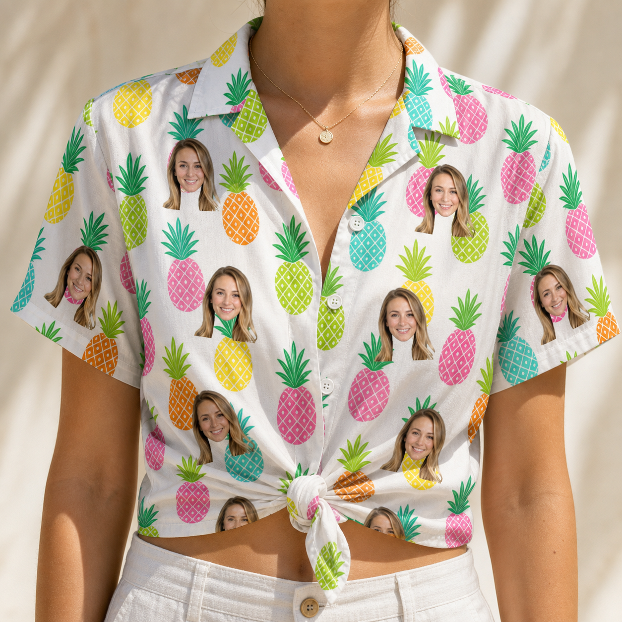 Woman wearing Women's Poolside Pips Custom Face Hawaiian Shirt tied at the waist