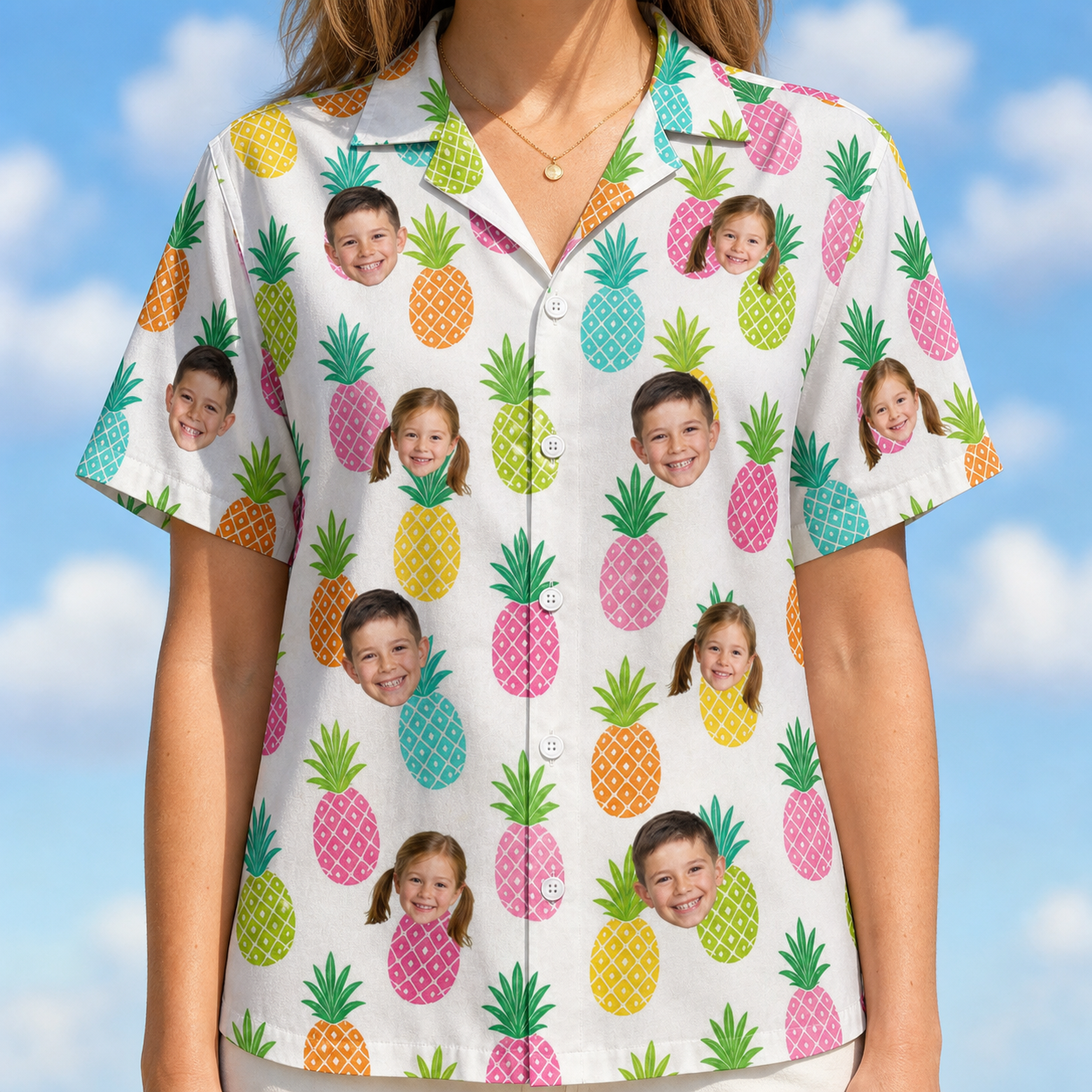 Model wearing Women's Poolside Pips Custom Face Hawaiian Shirt printed with kids' faces