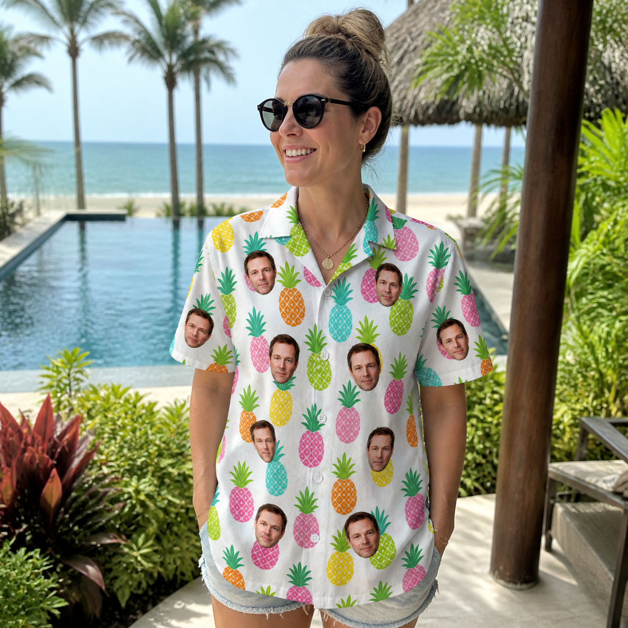 Real-life photo of someone wearing Women's Poolside Pips Custom Face Hawaiian Shirt — custom faces printed all-over