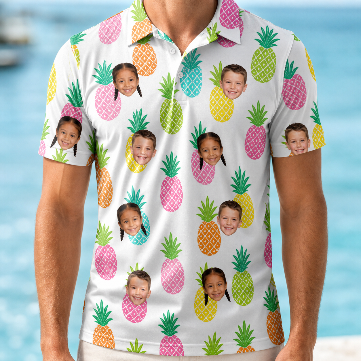 Model wearing Men's Poolside Pips Custom Face Polo Shirt printed with kids' faces