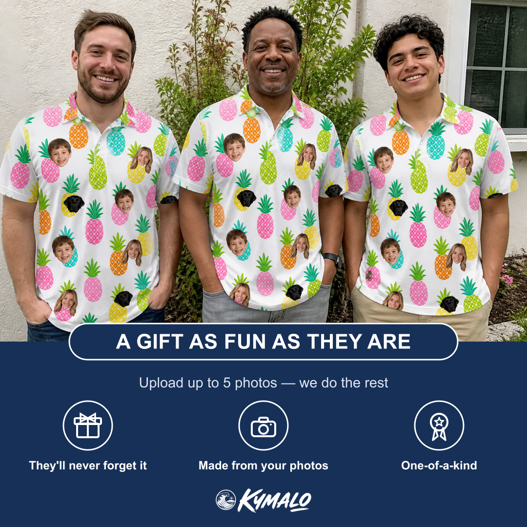 Friends in matching Men's Poolside Pips Custom Face Polo Shirt — a group gift photo
