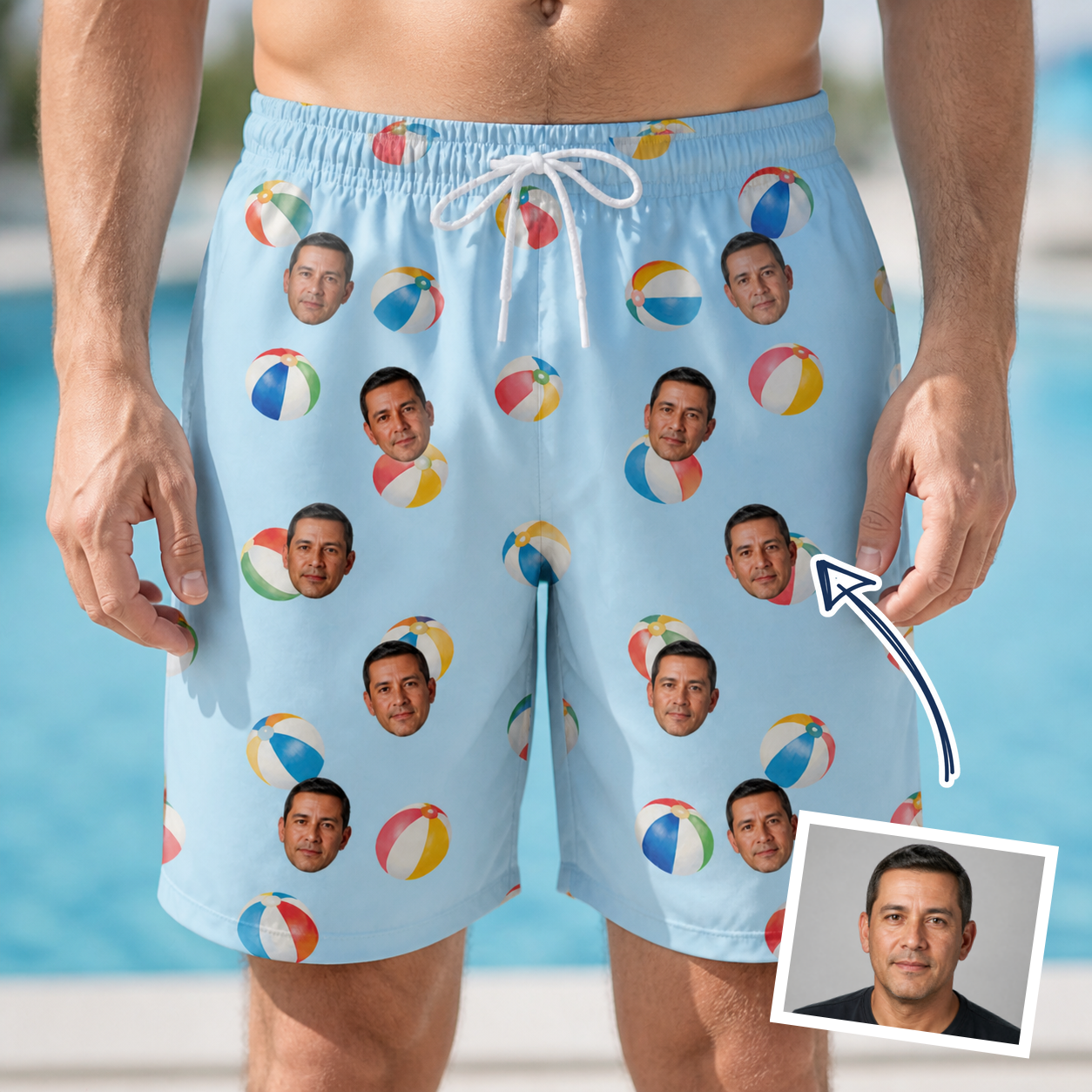 Man wearing Men's Family Floaties Custom Face Beach Shorts — custom faces printed all-over