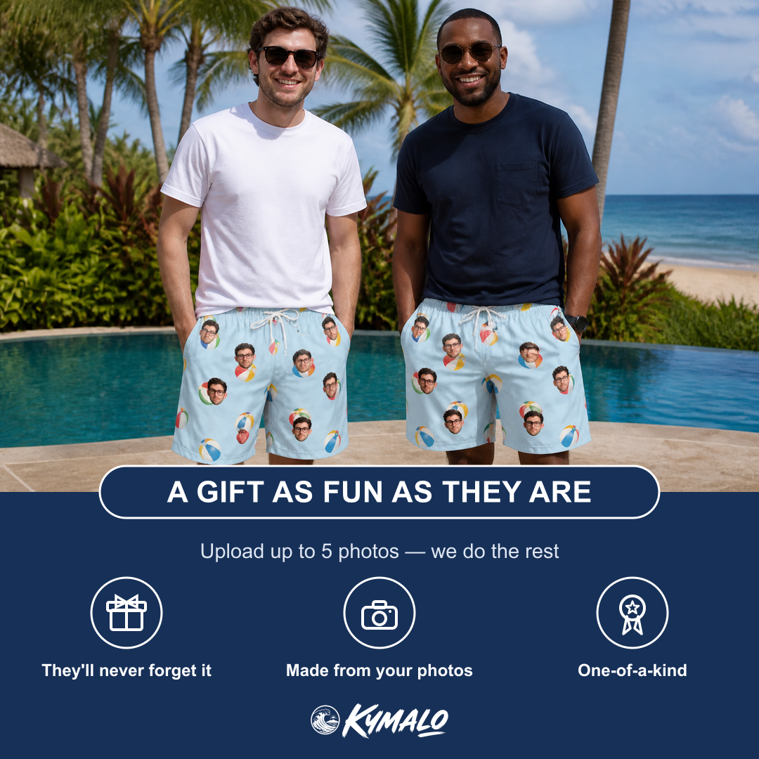 Friends in matching Men's Family Floaties Custom Face Beach Shorts — a group gift photo