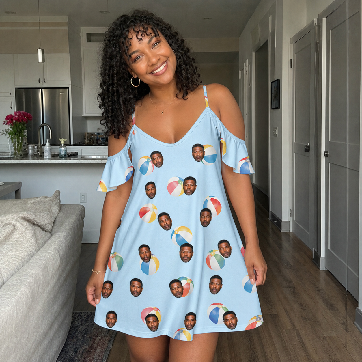 Real-life photo of someone wearing Women's Family Floaties Custom Face Off-Shoulder Dress — custom faces printed all-over
