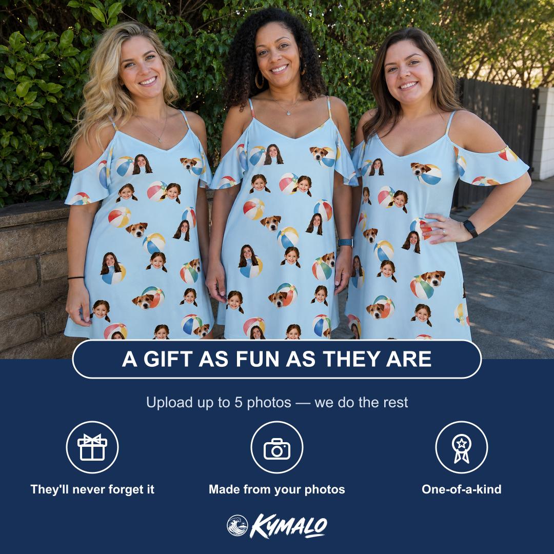 Friends in matching Women's Family Floaties Custom Face Off-Shoulder Dress — a group gift photo