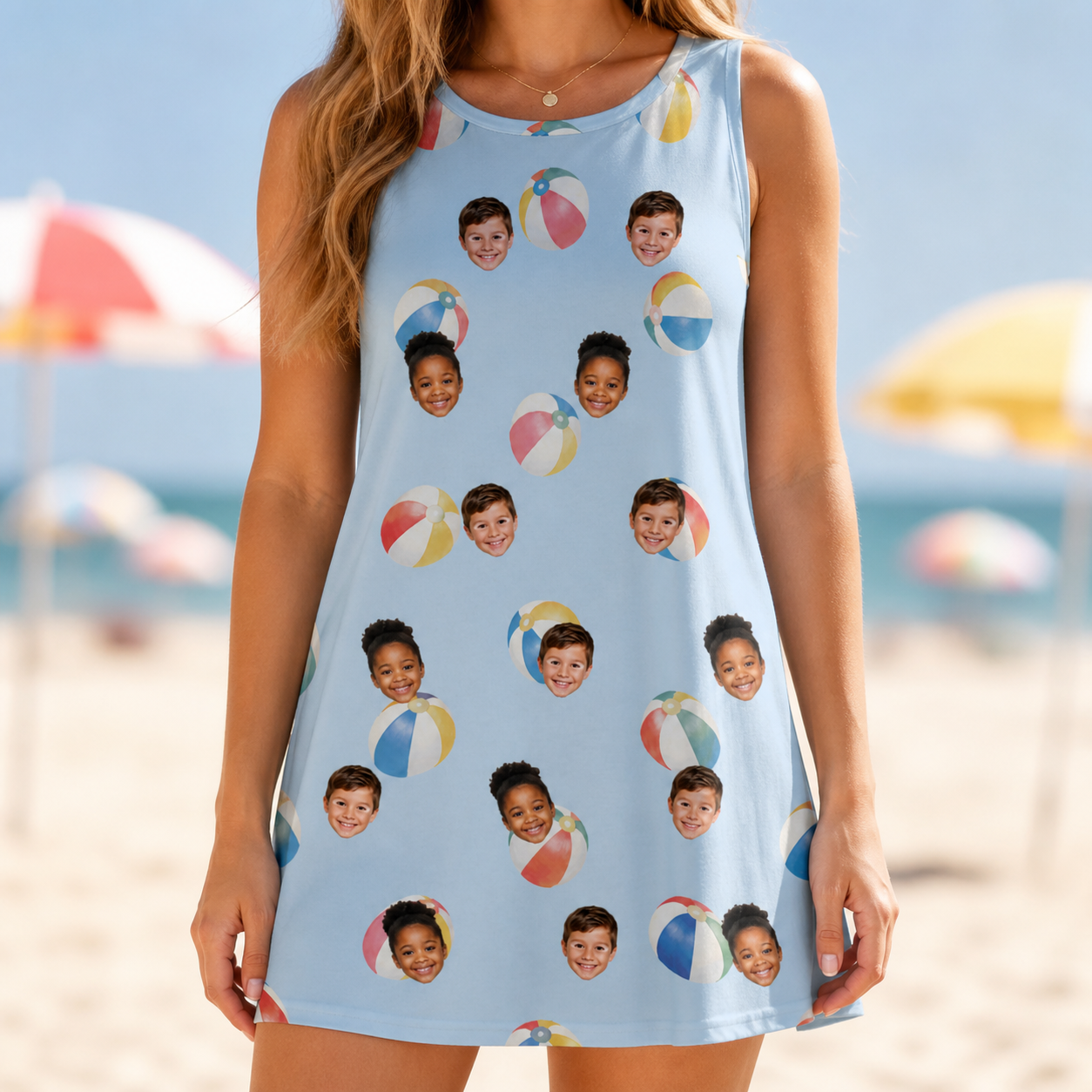 Model wearing Women's Family Floaties Custom Face Tank Dress printed with kids' faces