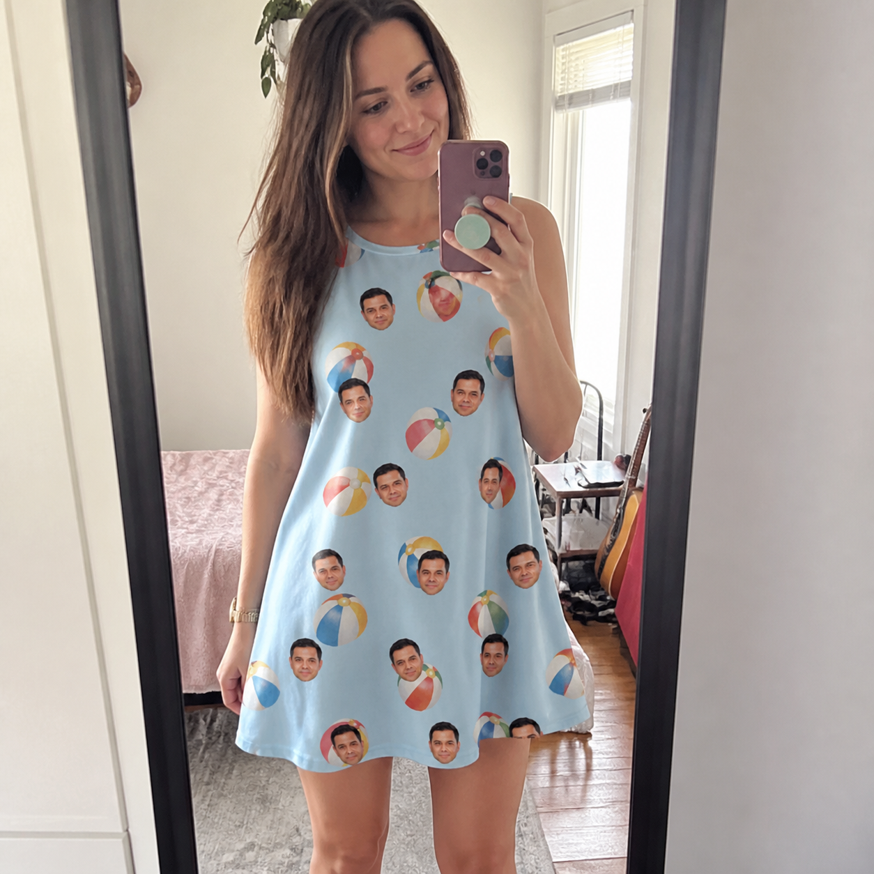 Real-life photo of someone wearing Women's Family Floaties Custom Face Tank Dress — custom faces printed all-over