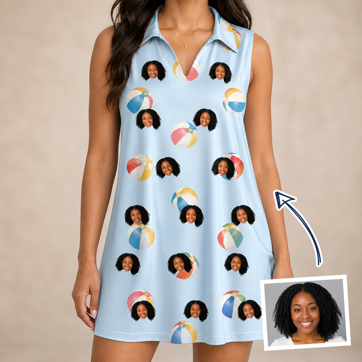 Woman wearing Women's Family Floaties Custom Face V-Neck Dress — custom faces printed all-over