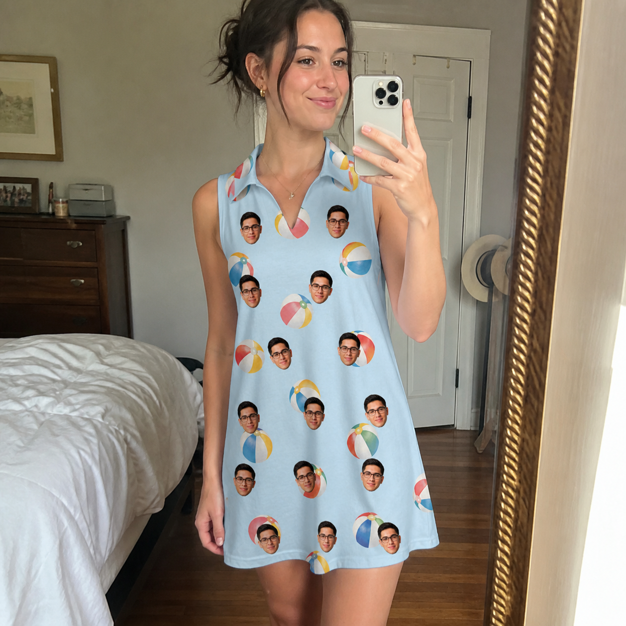 Real-life photo of someone wearing Women's Family Floaties Custom Face V-Neck Dress — custom faces printed all-over