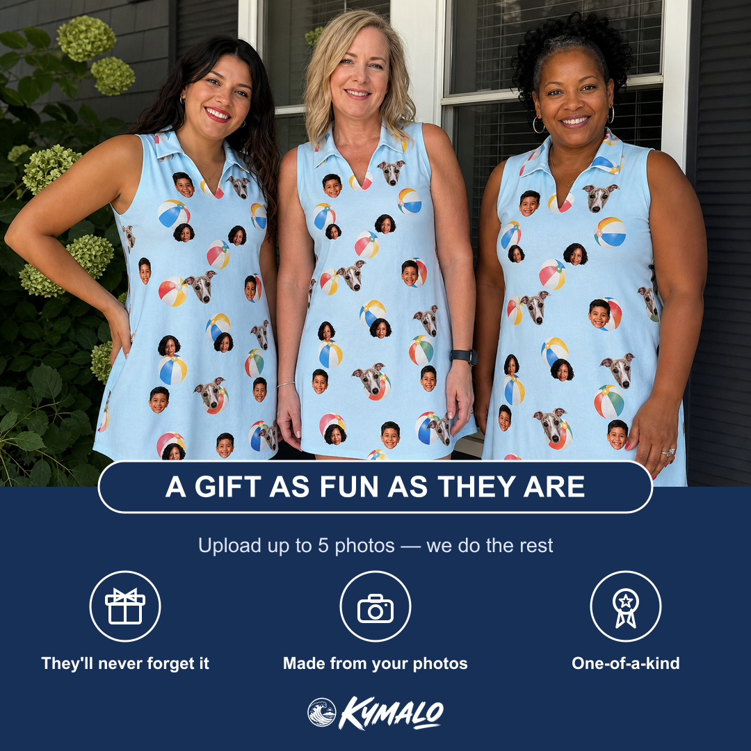 Friends in matching Women's Family Floaties Custom Face V-Neck Dress — a group gift photo