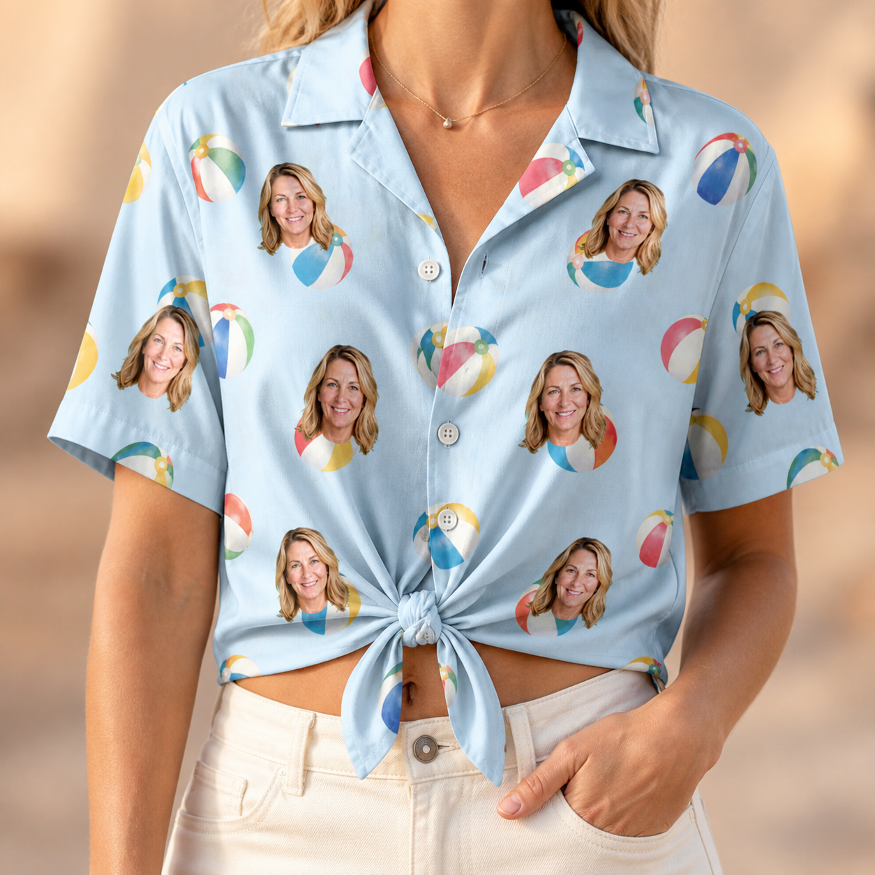 Woman wearing Women's Family Floaties Custom Face Hawaiian Shirt tied at the waist