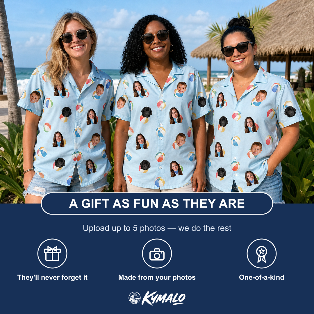 Friends in matching Women's Family Floaties Custom Face Hawaiian Shirt — a group gift photo