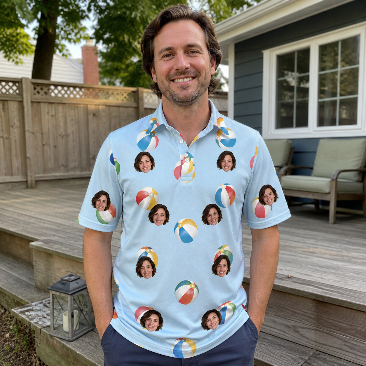 Real-life photo of someone wearing Men's Family Floaties Custom Face Polo Shirt — custom faces printed all-over