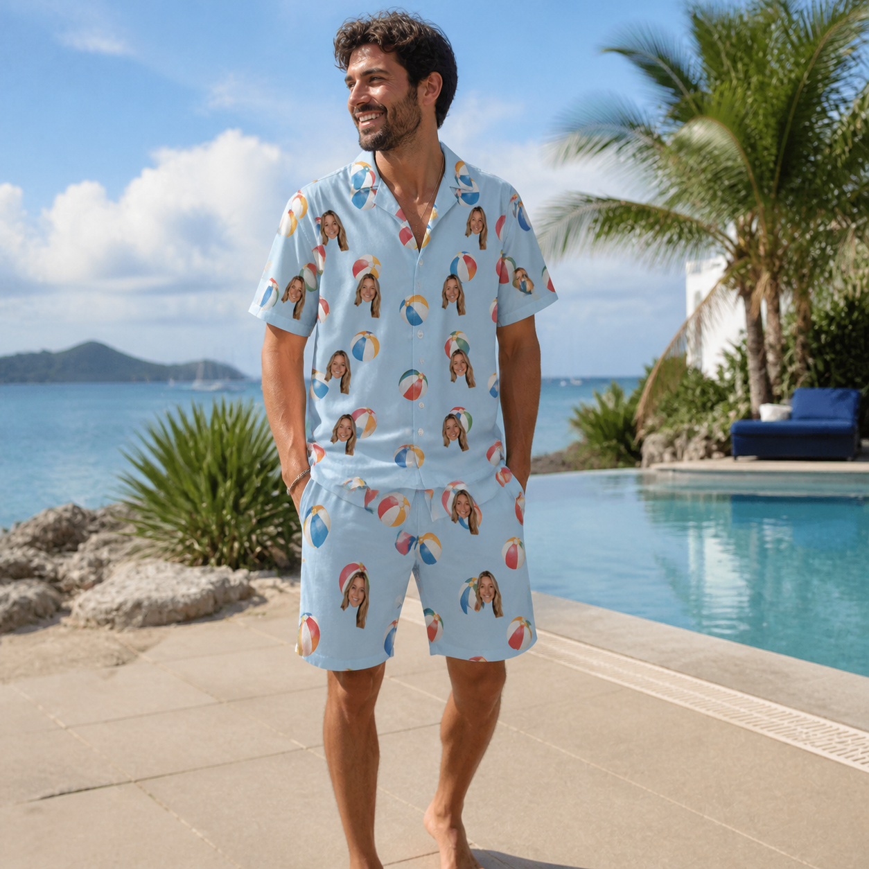 Real-life photo of someone wearing Men's Family Floaties Custom Face Shirt & Shorts Set — custom faces printed all-over