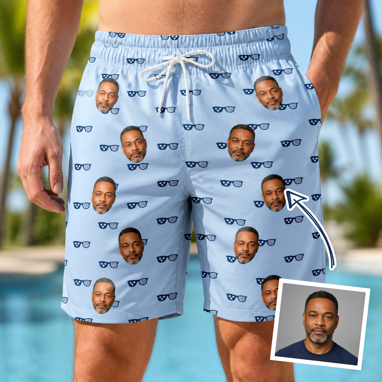 Man wearing Men's Tri-Tone Tints Custom Face Beach Shorts — custom faces printed all-over
