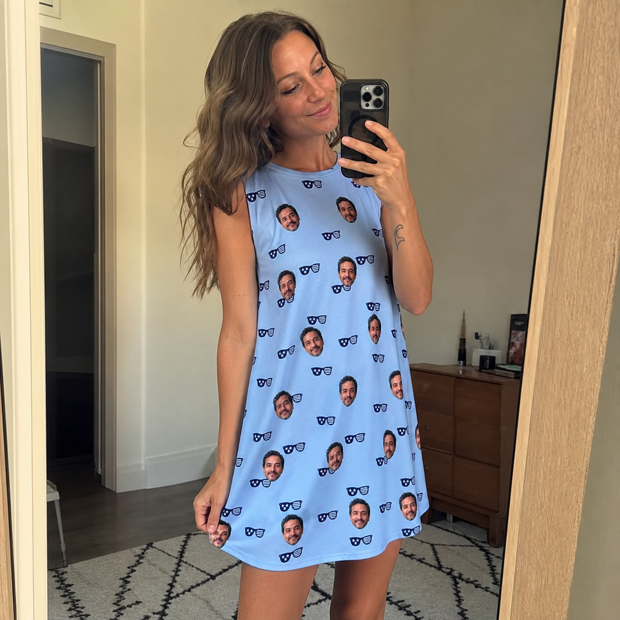 Real-life photo of someone wearing Women's Tri-Tone Tints Custom Face Tank Dress — custom faces printed all-over