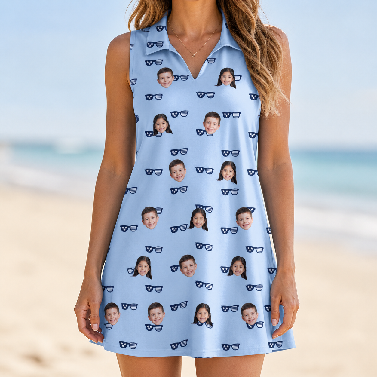 Model wearing Women's Tri-Tone Tints Custom Face V-Neck Dress printed with kids' faces