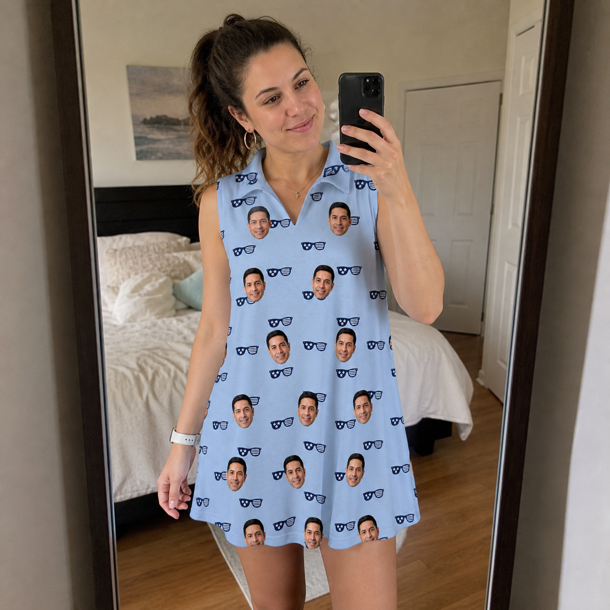 Real-life photo of someone wearing Women's Tri-Tone Tints Custom Face V-Neck Dress — custom faces printed all-over