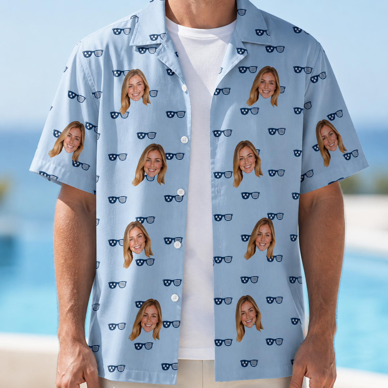 Man wearing Men's Tri-Tone Tints Custom Face Hawaiian Shirt open over a white tee