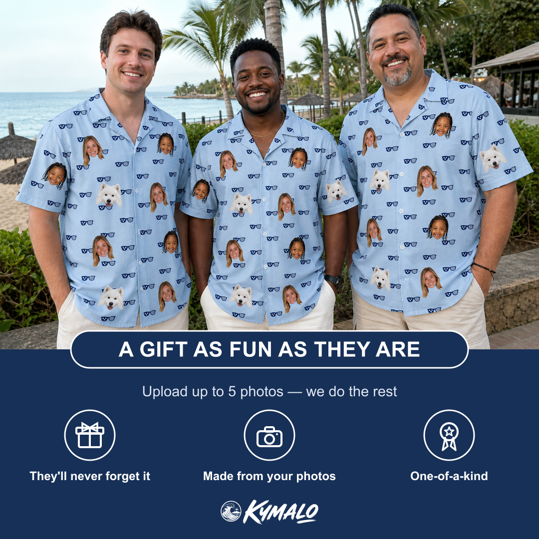 Friends in matching Men's Tri-Tone Tints Custom Face Hawaiian Shirt — a group gift photo