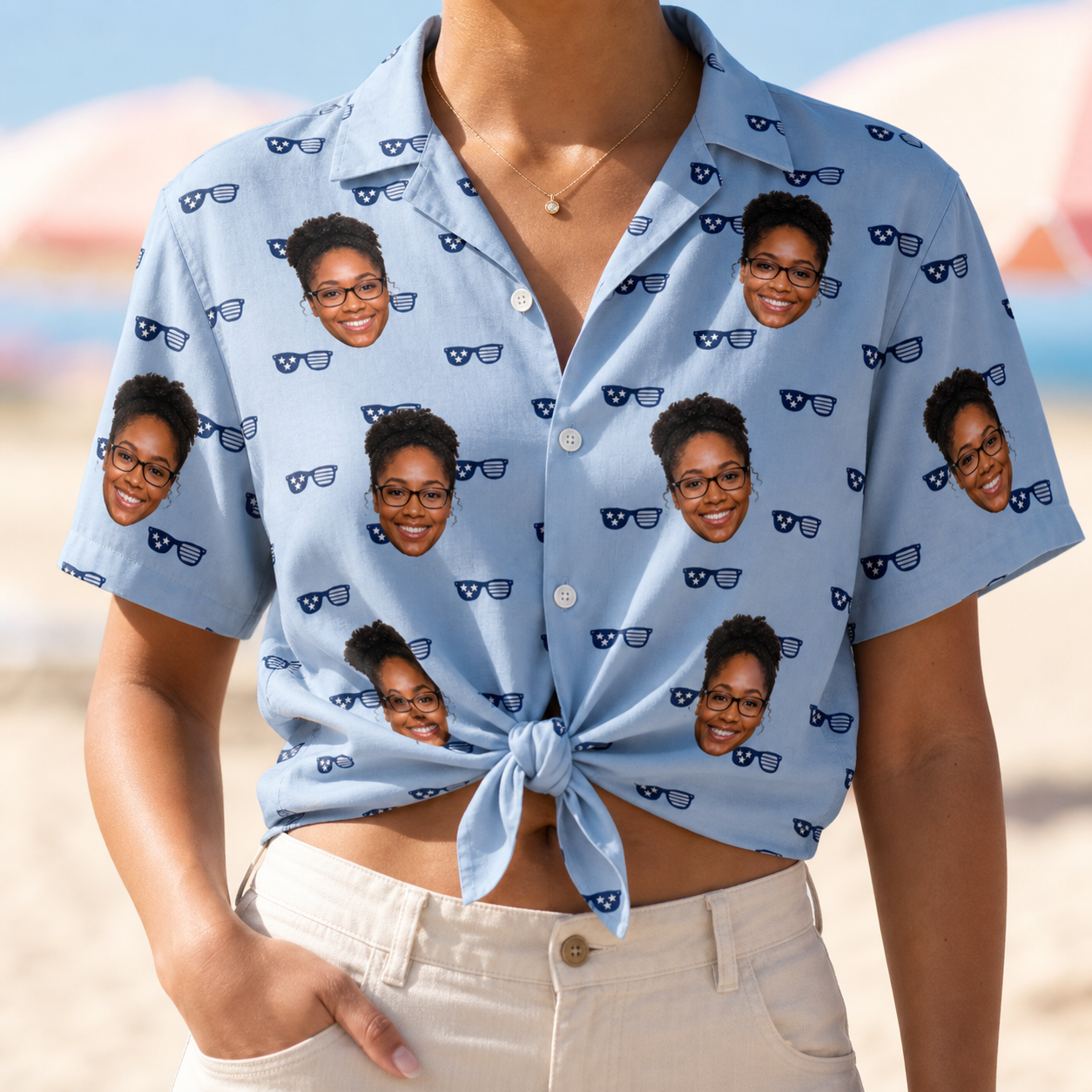 Woman wearing Women's Tri-Tone Tints Custom Face Hawaiian Shirt tied at the waist