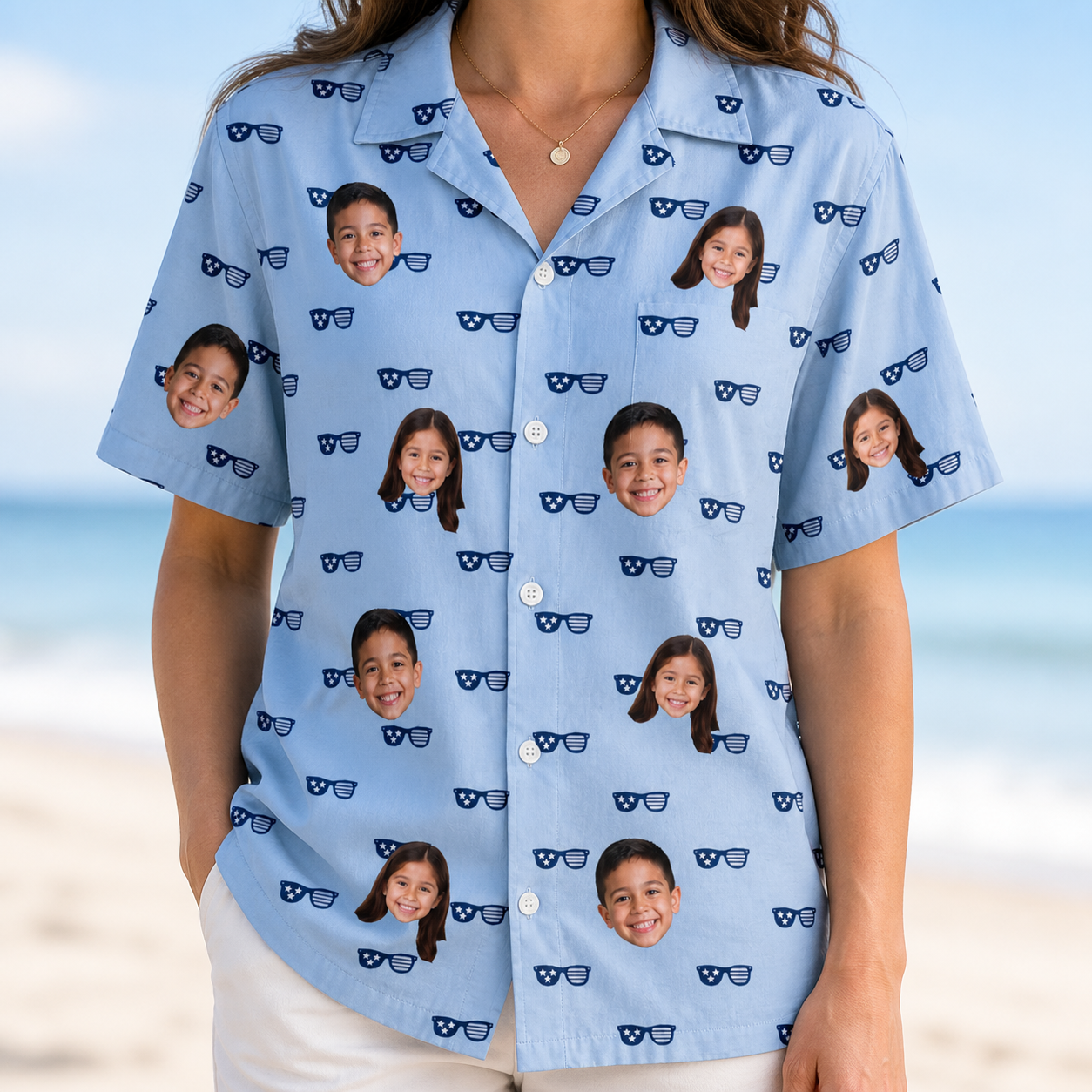 Model wearing Women's Tri-Tone Tints Custom Face Hawaiian Shirt printed with kids' faces