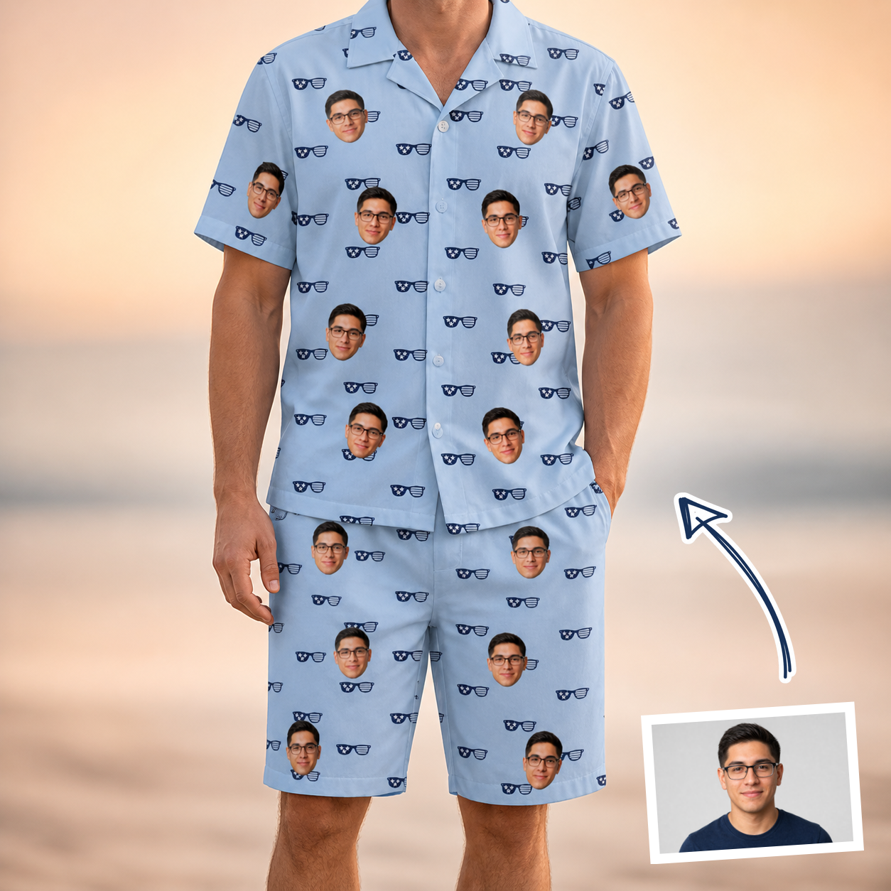 Man wearing Men's Tri-Tone Tints Custom Face Shirt & Shorts Set — custom faces printed all-over
