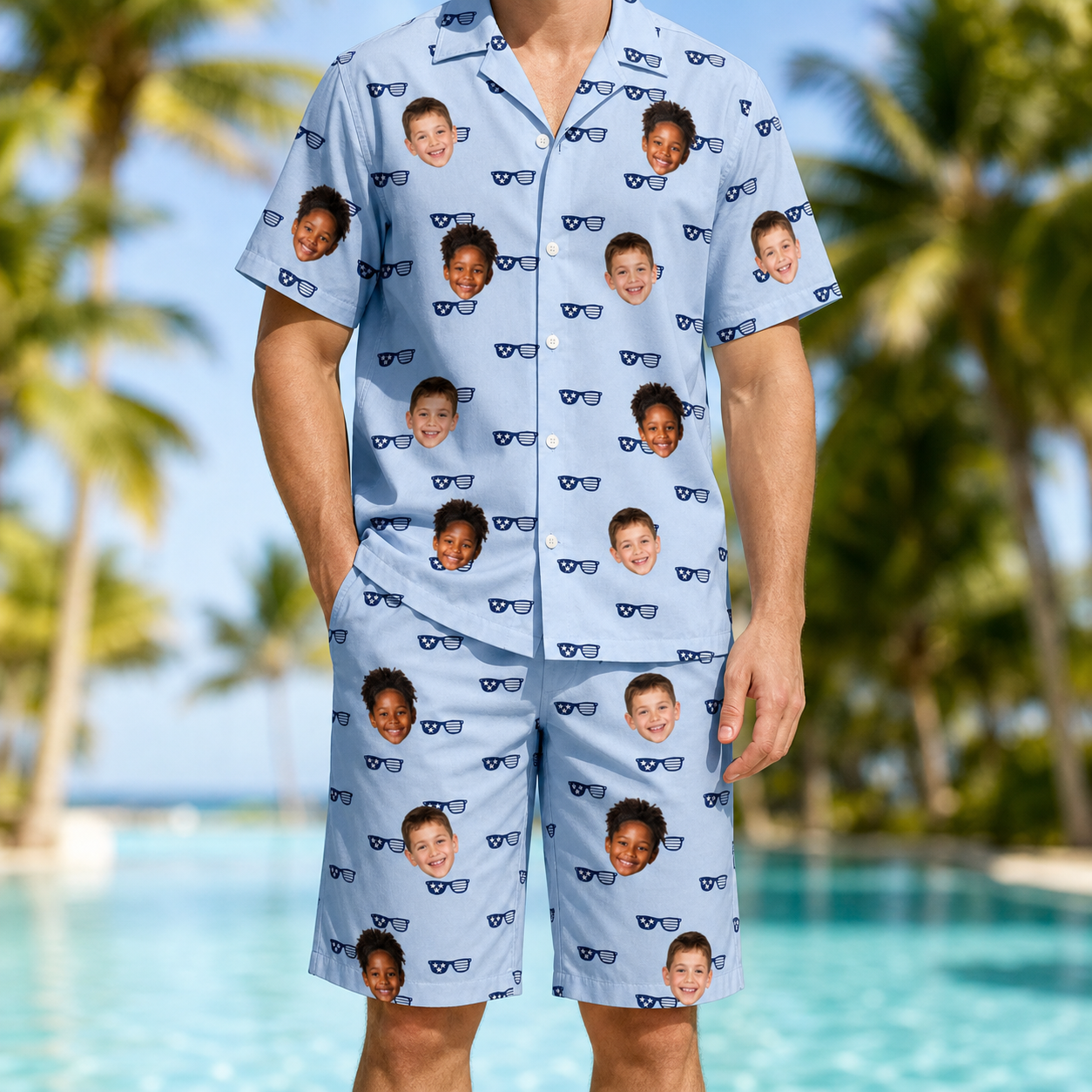 Model wearing Men's Tri-Tone Tints Custom Face Shirt & Shorts Set printed with kids' faces