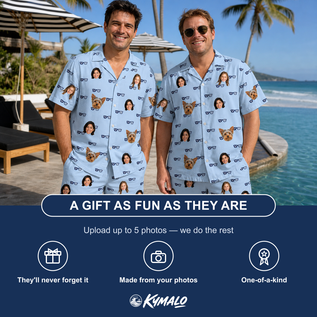 Friends in matching Men's Tri-Tone Tints Custom Face Shirt & Shorts Set — a group gift photo