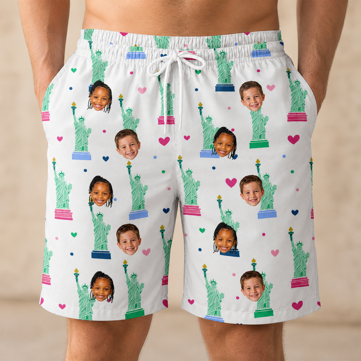 Model wearing Men's Lady Landmark Custom Face Beach Shorts printed with kids' faces