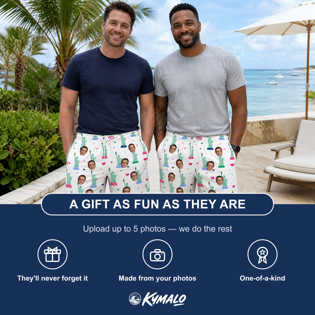 Friends in matching Men's Lady Landmark Custom Face Beach Shorts — a group gift photo