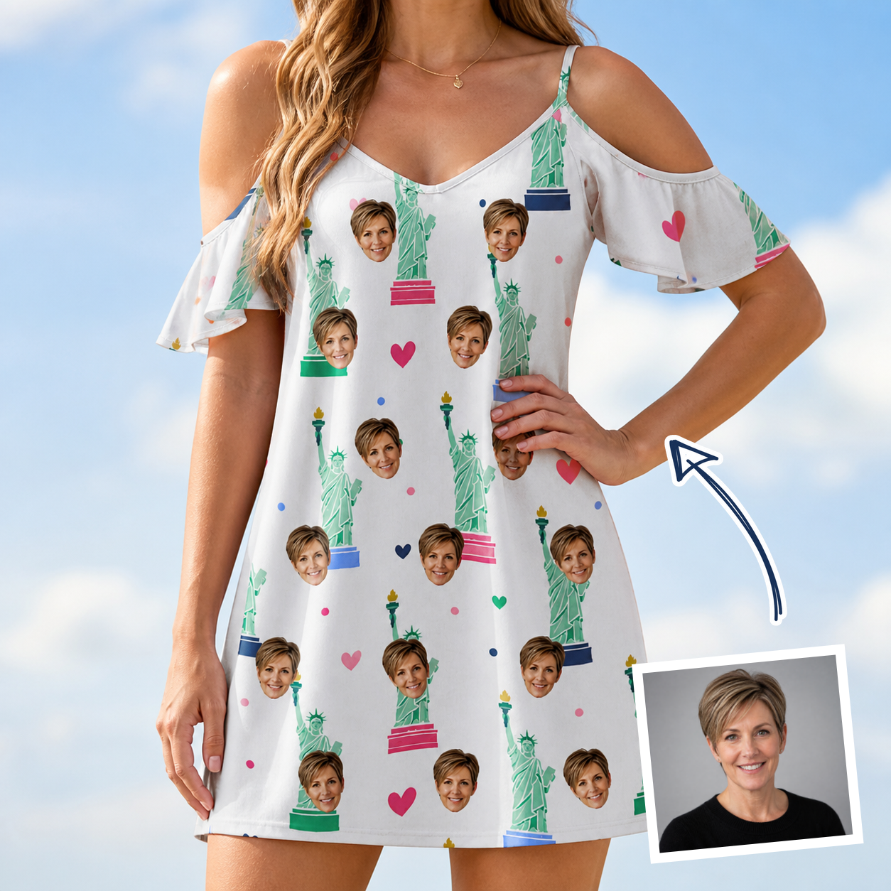 Woman wearing Women's Lady Landmark Custom Face Off-Shoulder Dress — custom faces printed all-over