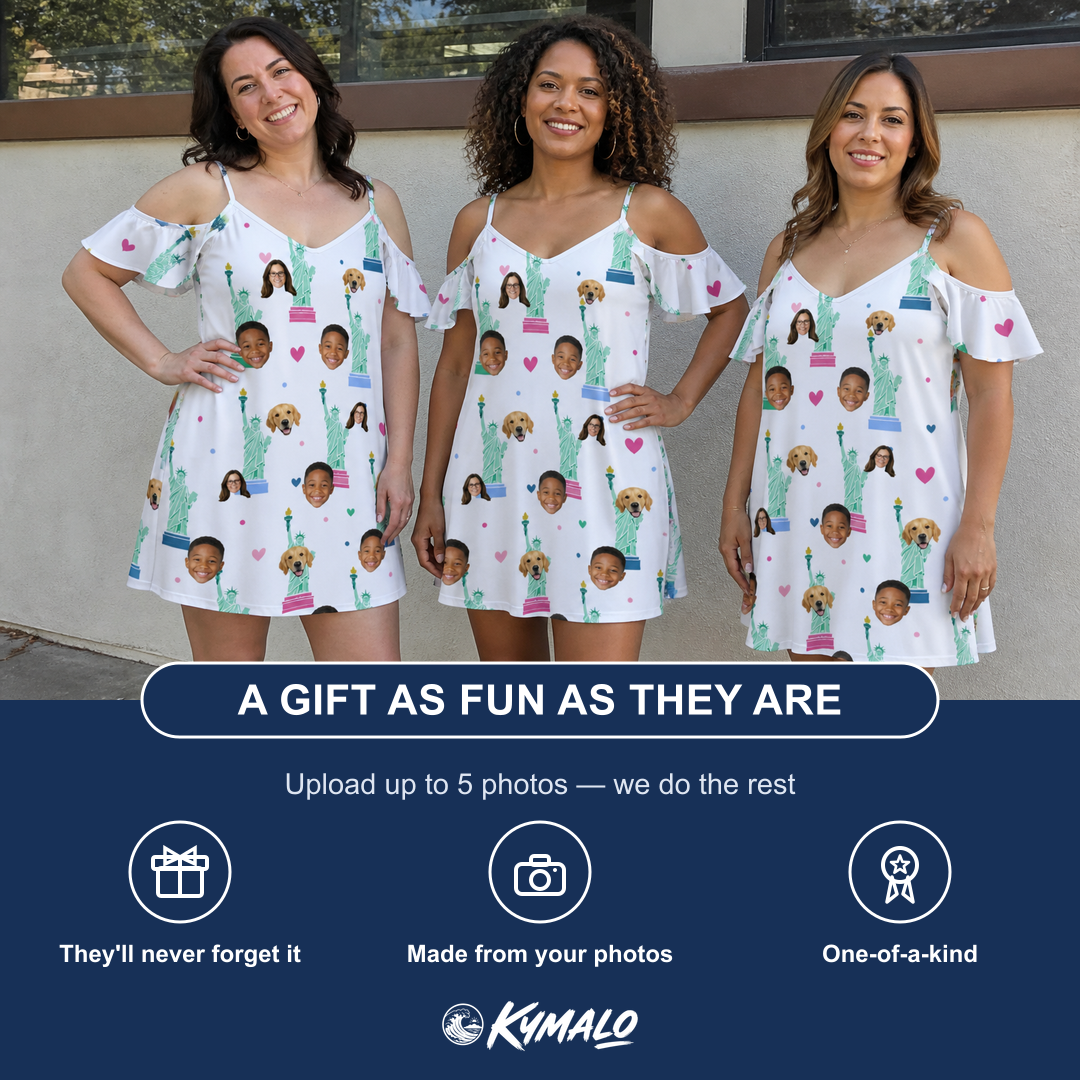 Friends in matching Women's Lady Landmark Custom Face Off-Shoulder Dress — a group gift photo